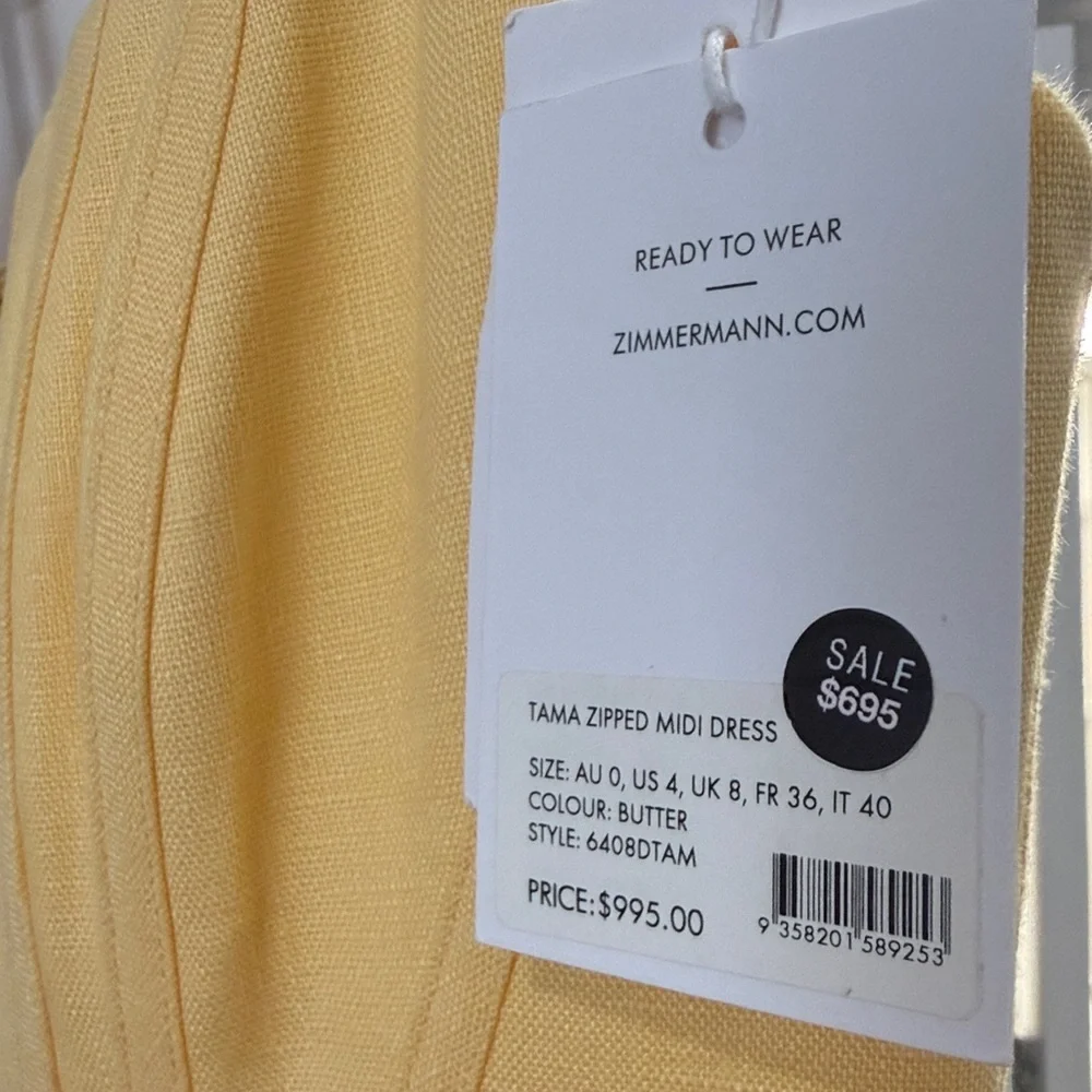 Zimmermann Pale Yellow Spaghetti-Strap Zip-Front Midi Dress - Picture 2 of 6